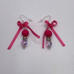 Children's Bling Thin Ribbon Earrings (Hot Pink)